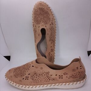 Bernie Mev. Suede Leather Boho Floral Tan Cutout Slip On Shoes